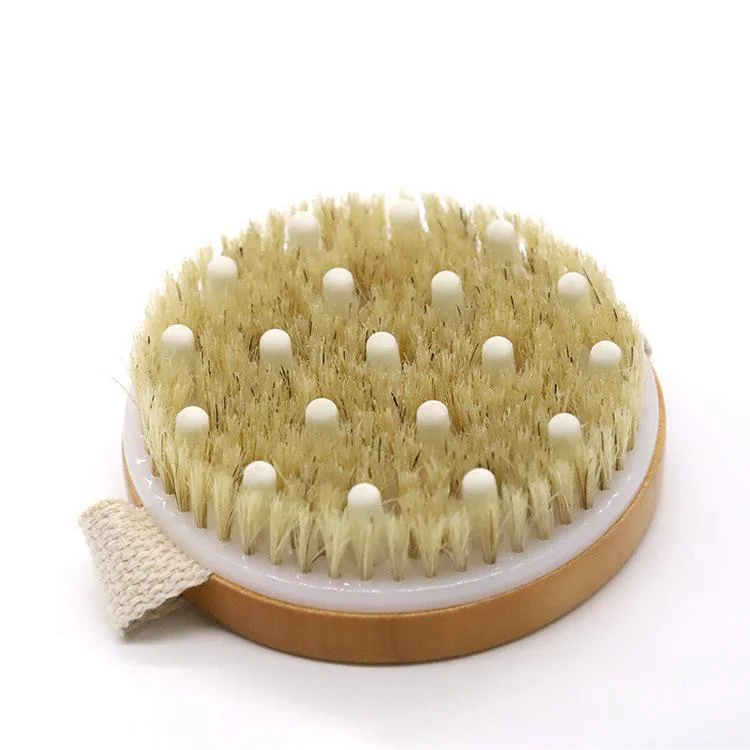 Round Wooden Scrub Bath Massage Exfoliating Shower Brush Dry Body Brush with Boar Bristles