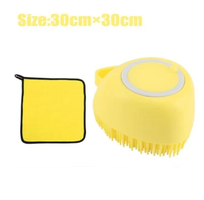 2022 Giallo Pet Shampoo Massaggiatore Scrubber Doccia Spazzola per capelli in silicone Multifunzione Pet Silicone Morbido Toelettatura Spazzola rotonda con piccolo asciugamano